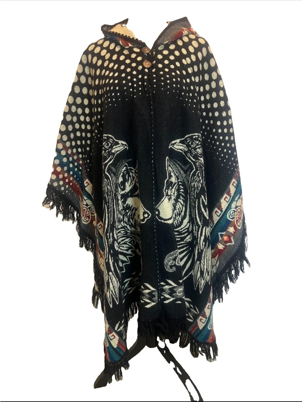 Handmade Alpaca Wool Hooded Poncho Eagle And Wolf Design Southwestern Boho